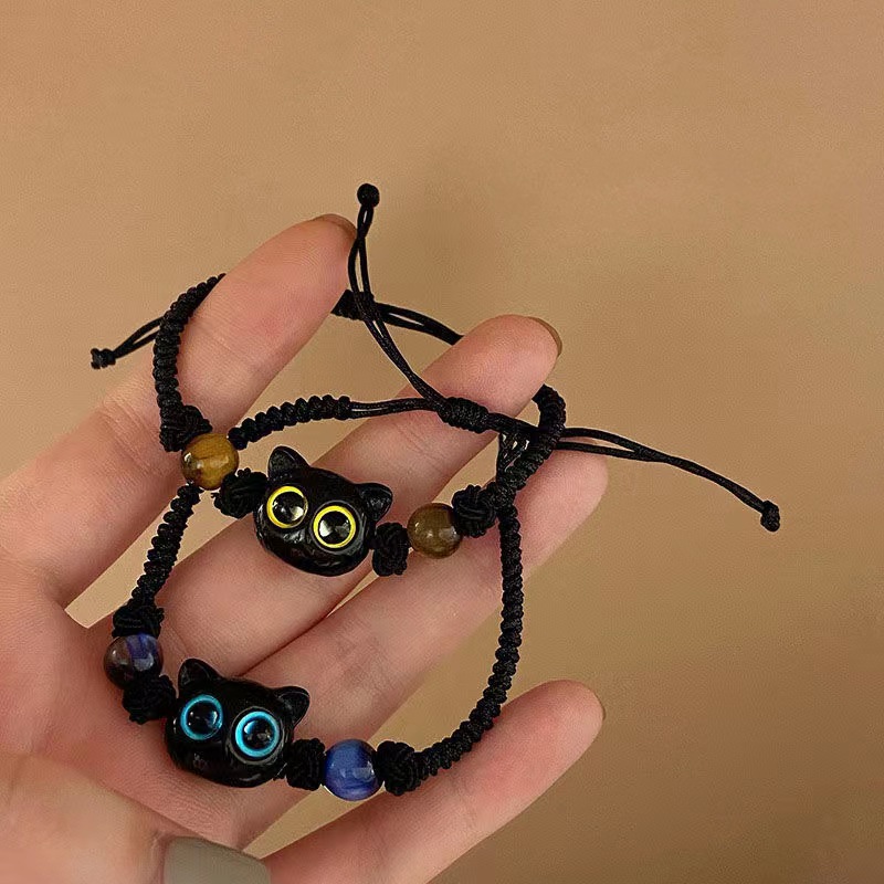 Y2K New Cute Cat Bracelet For Two Adjustable Black Rope Bracelets For Couple Friendship Unique Black Cat Bead Charm Bracelets