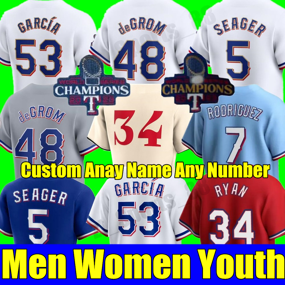 S-4XL Jacob deGrom Texas 2023 World Series Champions Baseball Jerseys Corey Seager Marcus Semien Adolis Garcia Nolan Ryan Max Scherzer Rangers Men Women Youth 