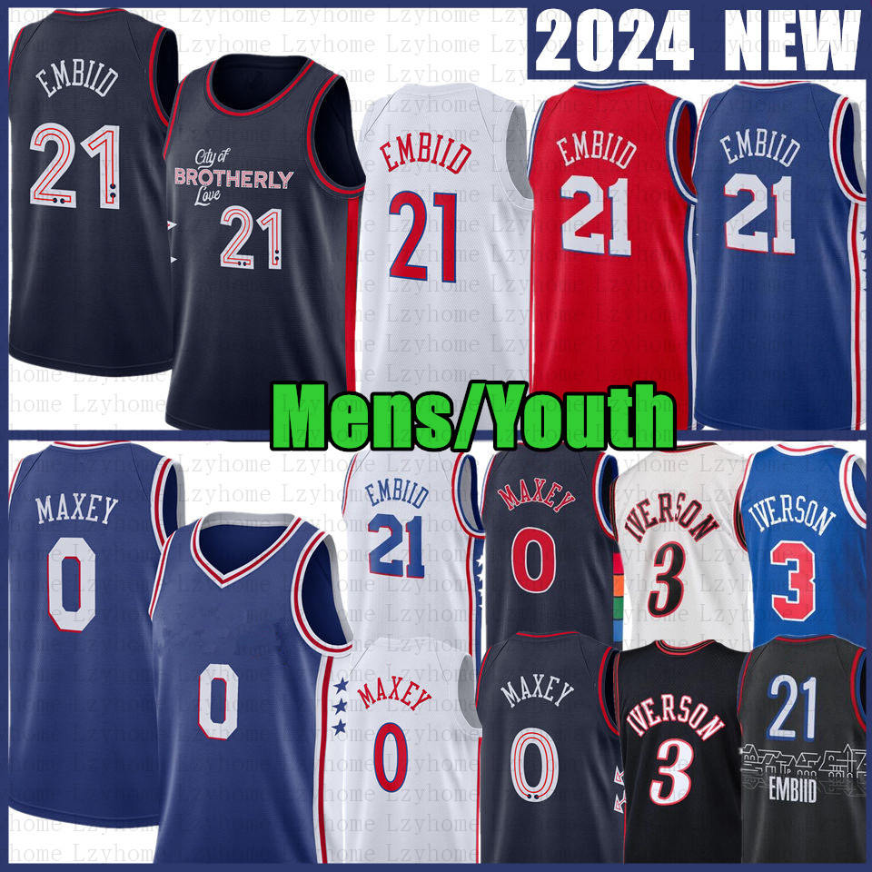 Mens Youth Tyrese Maxey Joel Embiid Basketball Jersey Allen Iverson Julius Erving Sixer 2023 2024 City White Edition Retro Shirt Blue Jerseys 21 0 3 