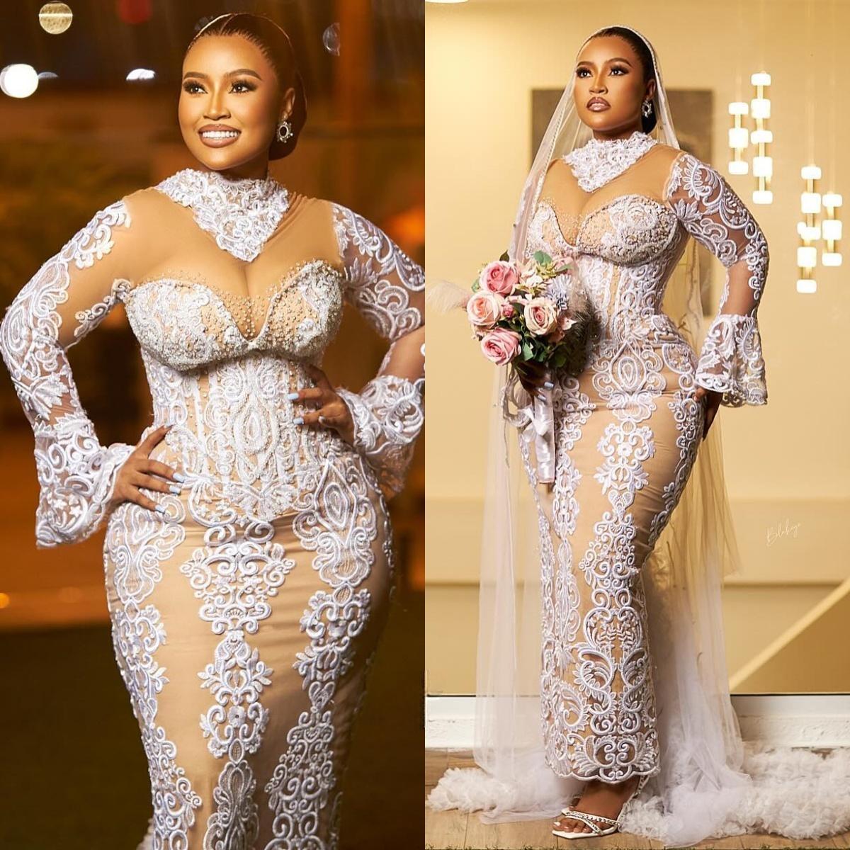 2024 Robe sirène pour mariée Bride avec train amovible Fulllace Illusion Long Manches de dentelle à cou de cou High Neck pour femmes noires D232