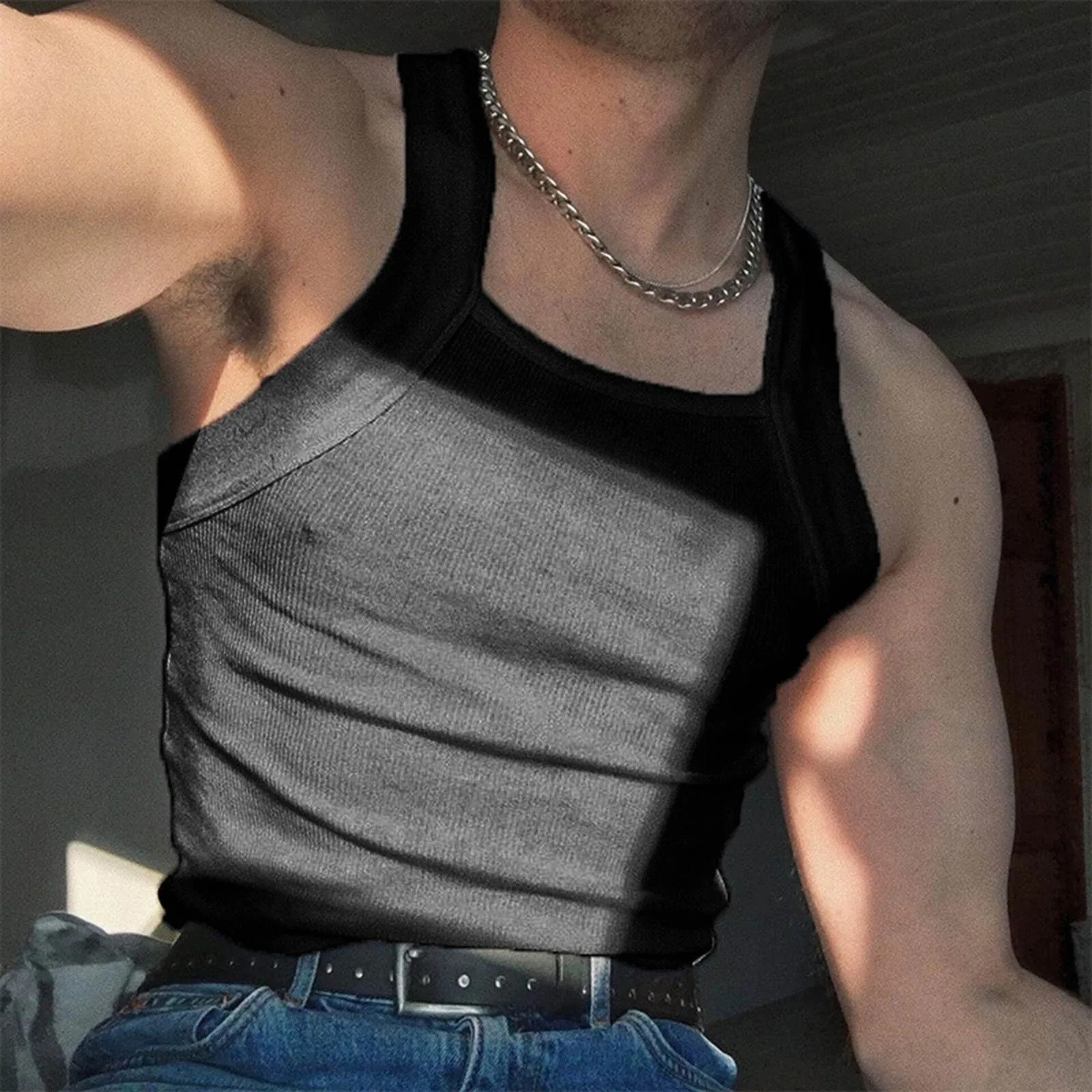 Male Camisole Sleeveless Vest Solid Color Sexy Tank Tops Off Shoulder Striped Nightclub Gym Sporty Mens 240430