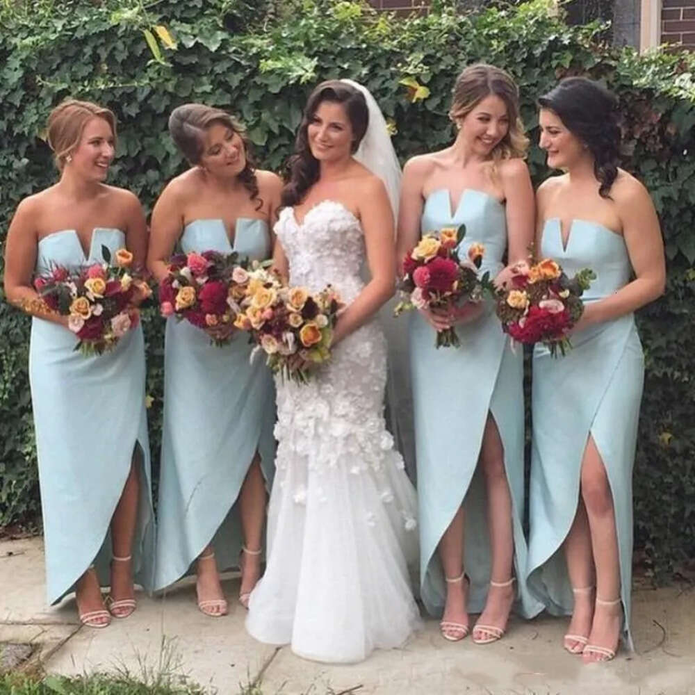 High Low Chiffon Mint Dresses Bridesmaid 2021 Bohemian Floor Length Strapless V Neck Custom Made Maid Of Honor Gown Plus Size Beach Wedding