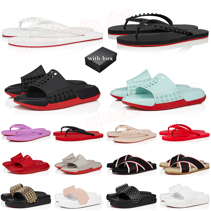 With Box 2024 Designer Red Bottoms Sandals Women Mens Big Size 13 Rubber Loafers Beach Shoes Slippers Sole Black White Slides Luxurys Leather Flip F