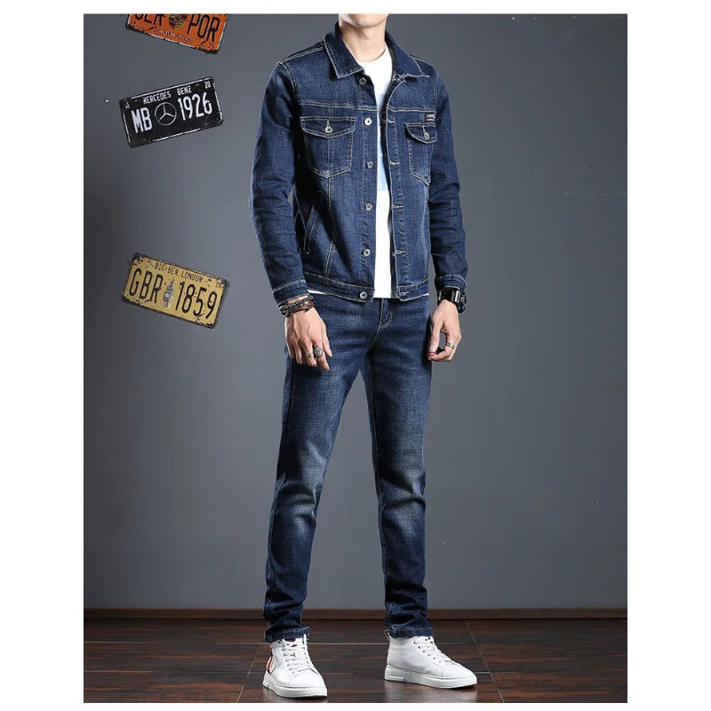 Spring Denim Jacket Mens Suit Pants Two and Autumn Jeans Men Clothing Pantalones 240428