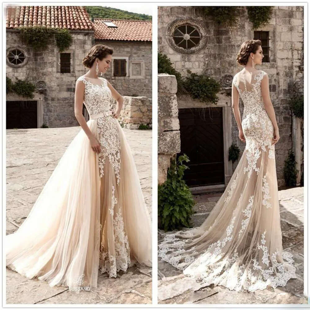 A-ligne Champagne détachable avec mariage Boho robes train sans manches appliqué dentelle robe de mariée chapelle sur mesure robes De Novia