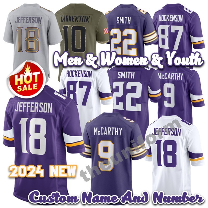 2024 New 9 J.J. McCarthy 18 Justin Jefferson Custom 87 T.J. Hockenson 22 Harrison Smith Men Womens Youth Football Jersey Size S-6XL