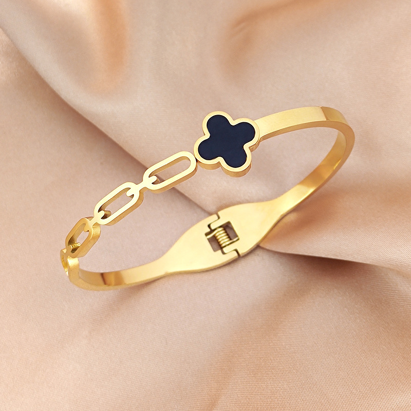 Lucky Four Leaf Clover Bangle Stainless Steel Nobiliary Hollow Out Design Minimalist-image-972952901