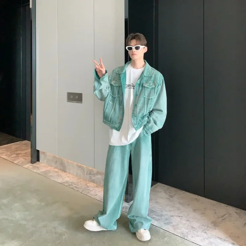 Mens Twopiece Suits High Street Denim Jacket Loose Retro Autumn Straight Pants Solid Color Tops Casual Trousers Sets 240428