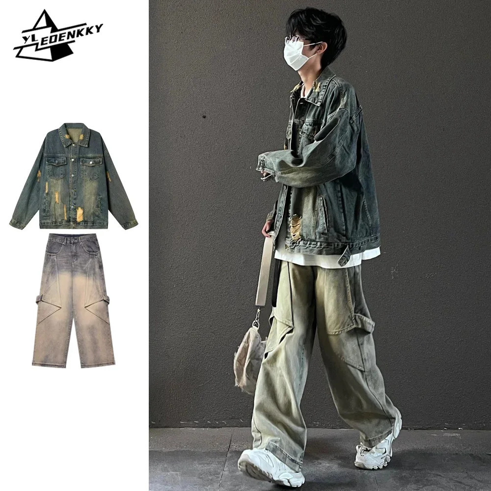 High Street Denim Set Men Women Vintage Hole Cargo JacketWashed Distressed Patchwork Loose Jeans Autumn Casuals Twopiece 240428
