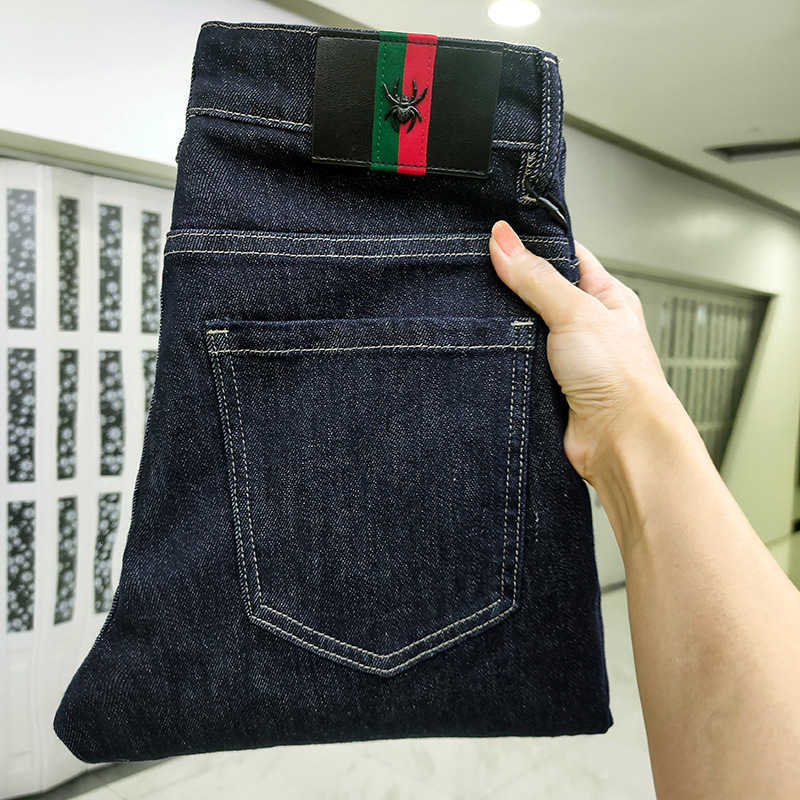 Wash Regular and Non Fading Dark Blue Jeans for Mens Daily Work Fashion Urban Youth Pants Slim Fit Elastic Small Feet-image-973258581