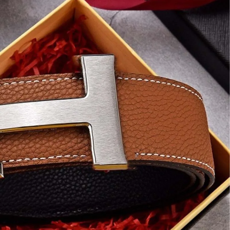 Men's Luxury Smooth Stylish party Buckles Lychee Pattern 12 Colors 3.8cm Width Premium Tan Orange Belts Silver Buckle high end man belt