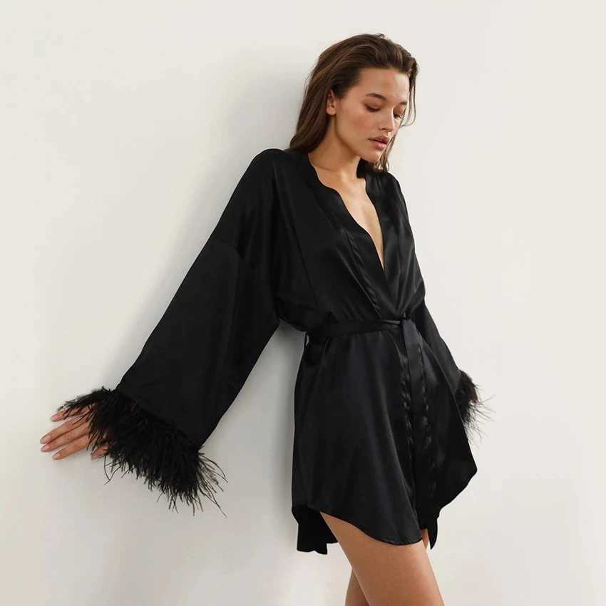 Womens Sleep Lounge Feather Bathrobe Satin Sexy Mini Dress Long sleeved Loose Peignoirs Womens Wedding Dress White Wedding Dress Black Bridal Dre-image-974071941