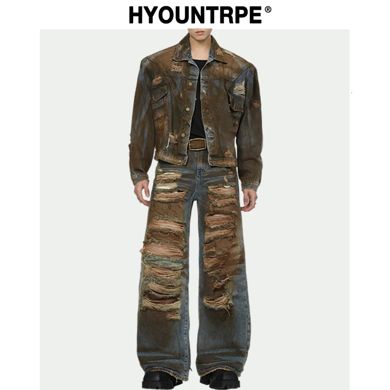 2 Pieces Sets Mens Dirty Graffiti Wide Shouder Denim Jeans Jacket Coat and Ripped Holes Widelegs Pants Joggers Streetwear 240428