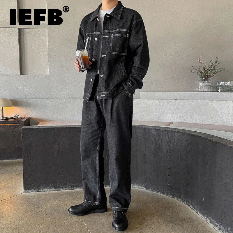 IEFB Autumn Trend Mens Denim Set Korean Style Fashion Jean Jacket Suits Straight Leg Casual Jeans Street Two Piece 9C1030 240428