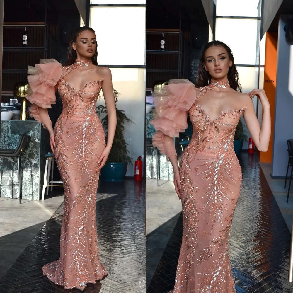 Gorgeous Mermaid One Prom Dresses Shoulder Halter Shining Applicants Tulle Zipper Or Length Custom Made Party Dress Plus Size Vestido De Noite