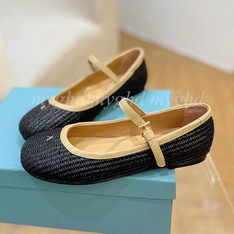 Women Ballet Shoes Woven Flat Straw Summer Sandals Fashion Slippers With Box/With Dust Bag-image-973902262