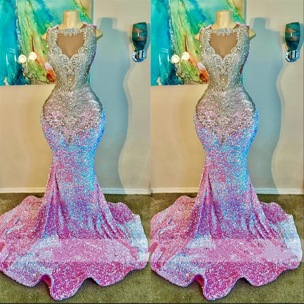 Paillettes roses scintillantes longs Prom pour les filles noires 2024 Robes de fête d'anniversaire de graduation Robes de soirée sirène