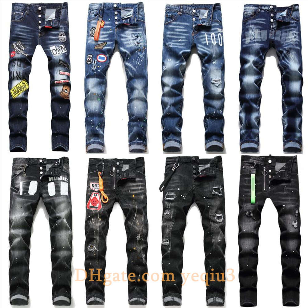 Mens Jeans men jean Hip hop pants street trend Zipper chain decoration ripped Rips Stretch Black Fashion Slim Fit Washed Motocycle Denim Panelled-image-740224298