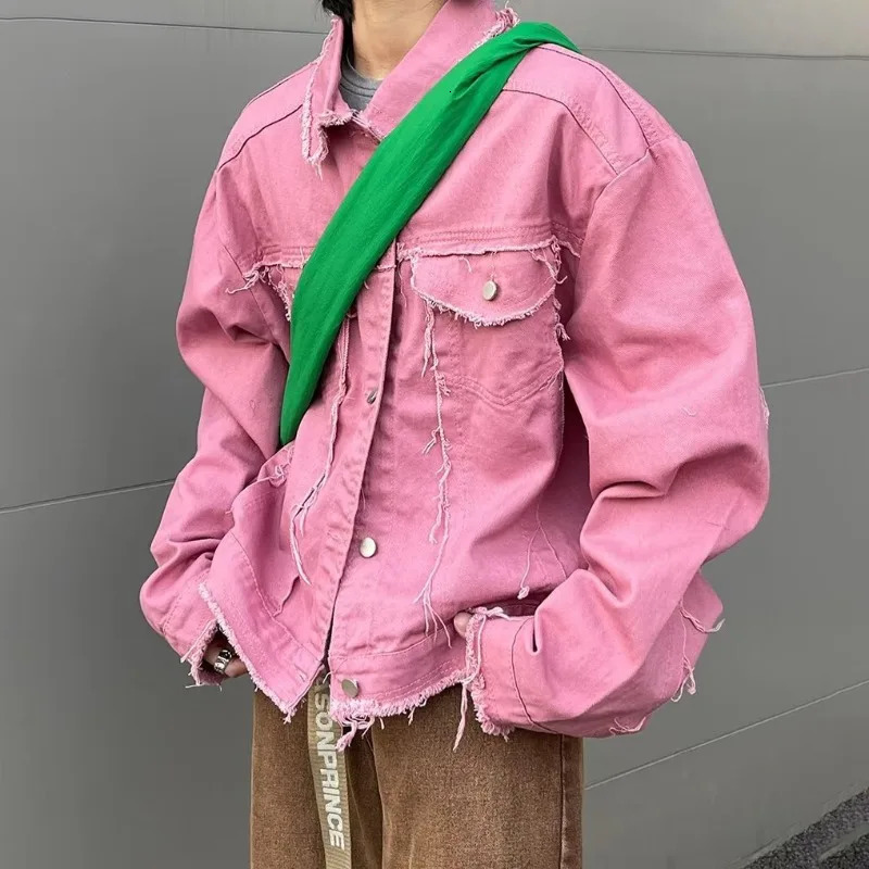 Niche Frayed Retro Denim Jacket High Street Workwear Jean Coats for Men Loose Short Casual Outwear Pink Trendy Mens Clothing 240428