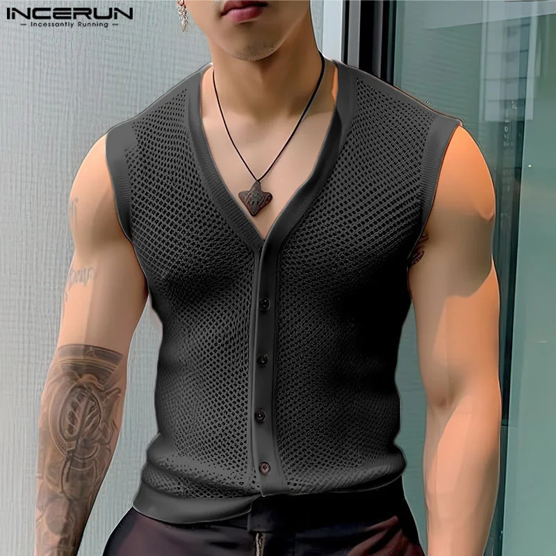 INCERUN Tops American Style Mens Personality Hollow Mesh Vests Summer Breathable Vneck Sleeveless Tank S5XL 240430