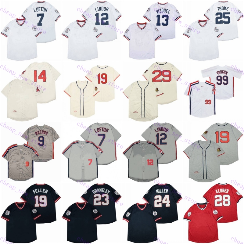 Cheap Baseball Jerseys 7 Lofton /9 Baerga /14 Doby /19 Feller /23 Brantley /25 Thome /28 Kluber /29 Paige /99 Vaughn Vintage Retro White Blue Red Gr