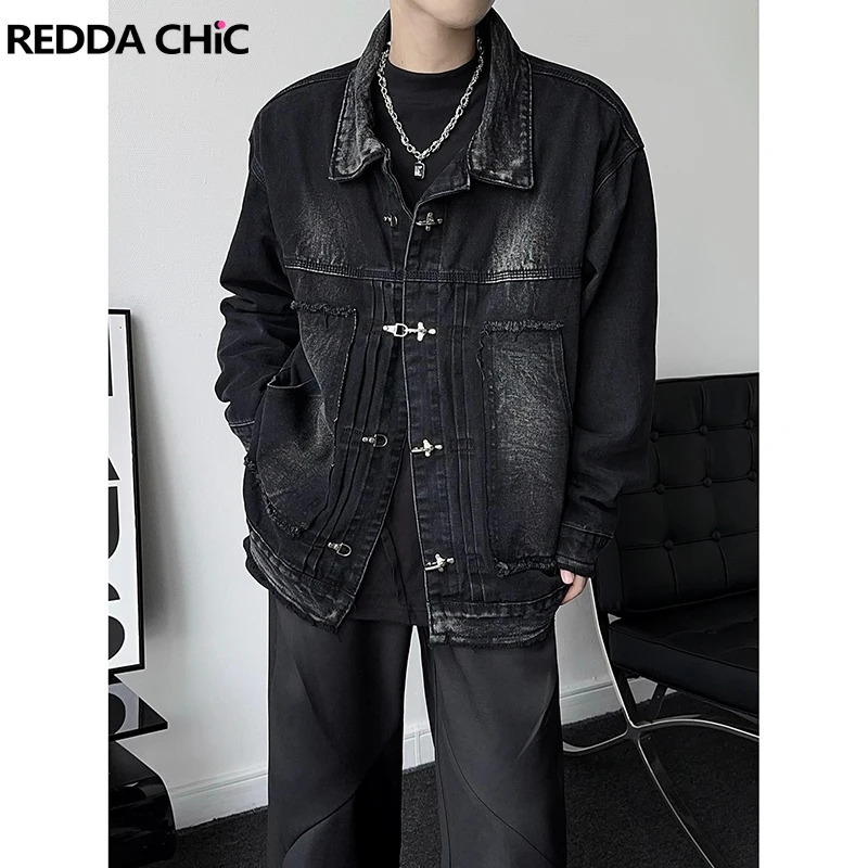 REDDACHIC 90s Mens Button Deconstructed Denim Bomber Jacket Frayed Oversize Coat Distressed Black Hiphop Street Autumn Outwear 240428