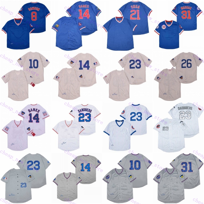 Cheap Baseball Jerseys 8 Dawson /10 Santo /14 Banks /21 Sosa /23 Sandberg /26 Williams /44 Rizzo 1987 1942 1909 Vintage Retro White Blue Shirt St-image-974248377