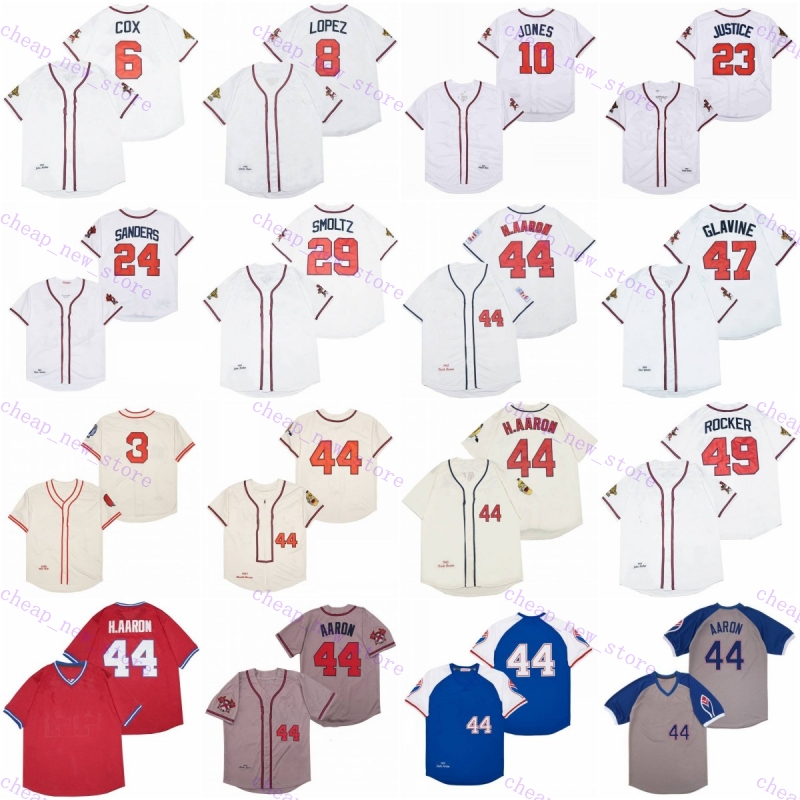 Movie Vintage 3 Murphy Baseball Jerseys Stitched 6 Cox 8 Lopez 10 Jones 23 Justice 24 sanders 29 Smoltz 35 Niekro 44 Aaron 47 Glavine 49 Teheran Spo