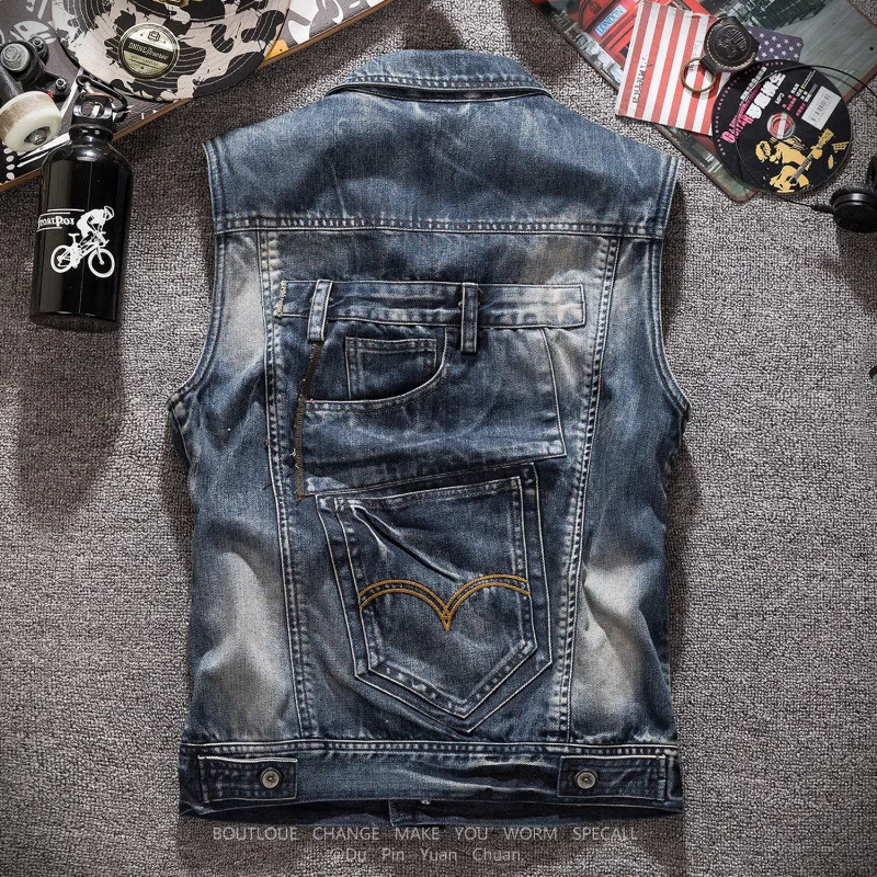 Fashion Jean Waistcoat Motorcycle Denim Vest Vintage Casual Coat Mens Slim Large Pocket Sleeveless Jacket Clothes Drop 240428