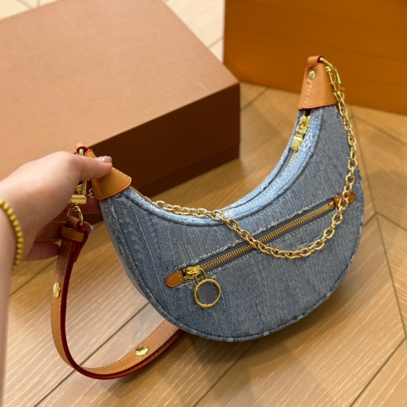 Luxury Designer Loop Hobo Denim Shoulder Bag Womens Leather Handbag Vintage Crossbody Half-moon Croissant Bags Sleek Design Satchel Wallet Purses-image-974453916