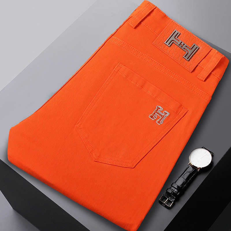 Orange Jeans Bright For Men Trendy Brand Light Luxury Casual European Version Mens Pants Slim Fit Stretch Skinny