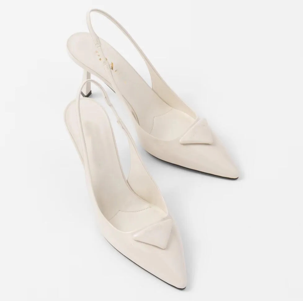 Luxury Women Triangle Sandals Shoes Patent Leather Slingback Pointed Toe Elegant Bridal Wedding Dress High Heels Lady Pumps Black Nude White-image-976158988