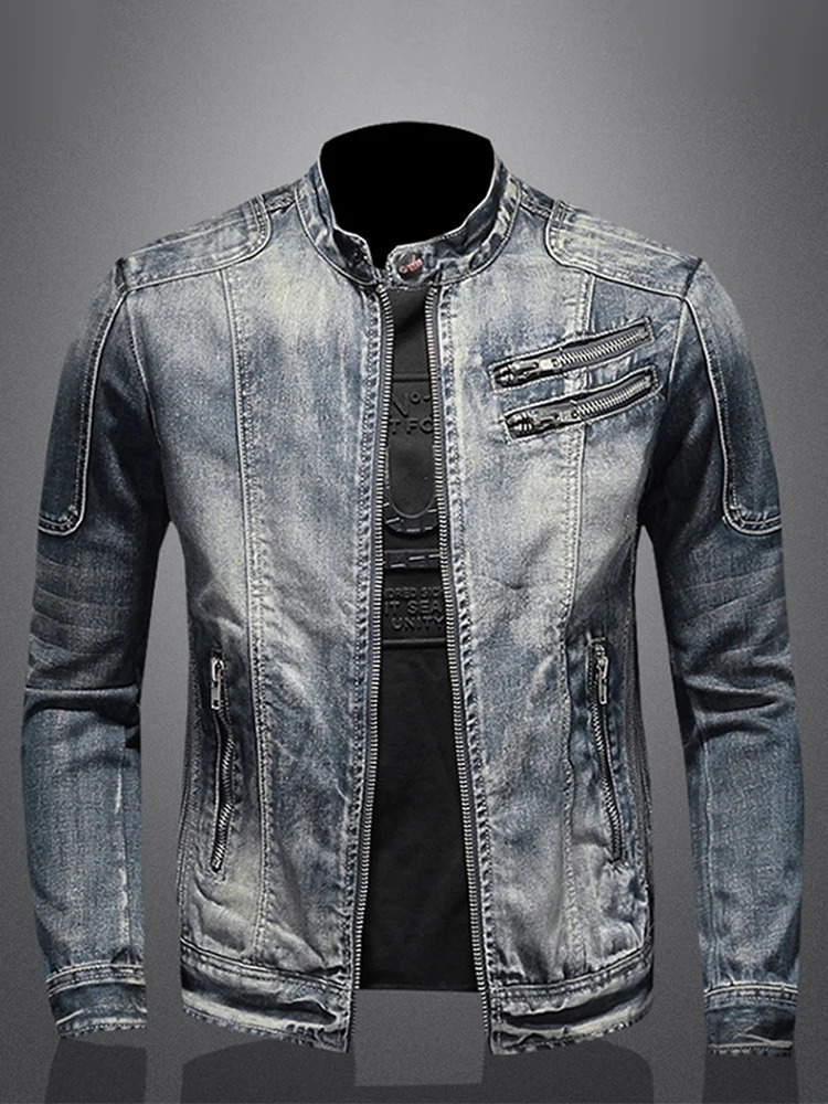Denim Jacket Men Casual Loose Large Fashion Zipper Oneck Coat Man Spring Soft Amercian Long Sleeves Street Outwears 240428