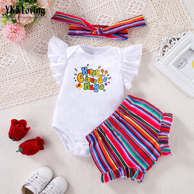 Cross Border Mexico Festival Infant and Toddler Set Flying Sleeves Sweetheart PP Shorts and Hair Accessories 3pcs Set Fashion Cute Party Dress Tr-image-975222585