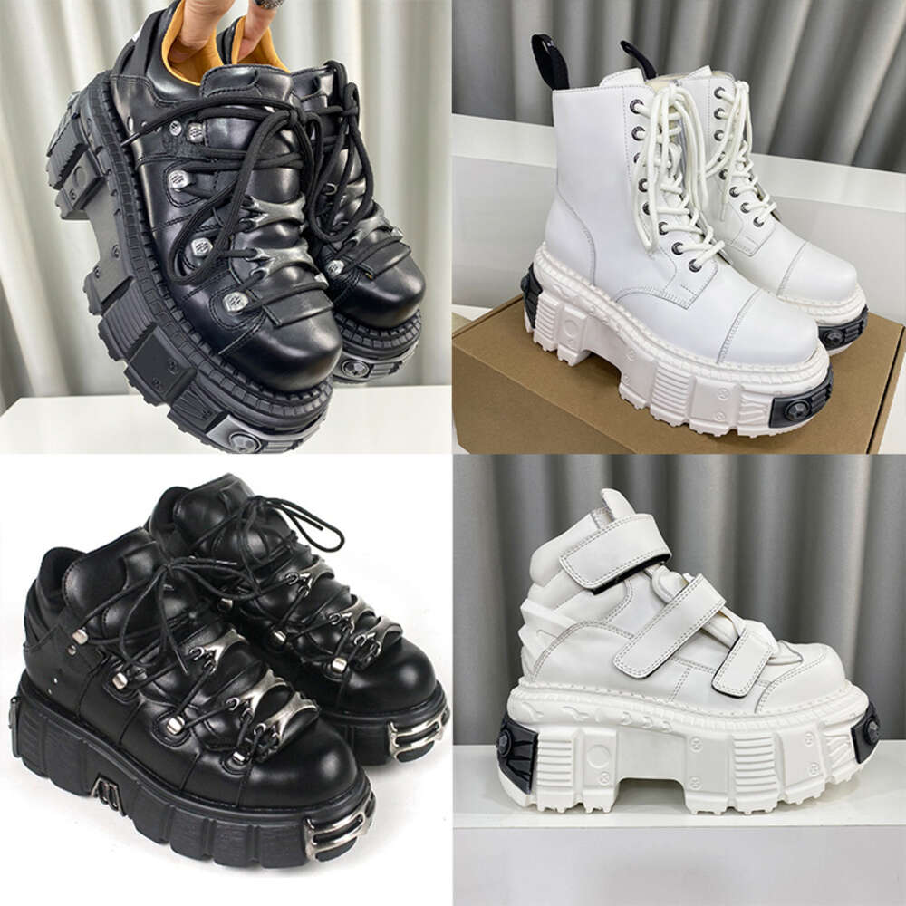 New Women Ankle Boot Leather Rock Sneakers Platform Men Boots Punk Style Metal Decoration Distressed-Effect Lace-Up Shoe 566-image-974960101