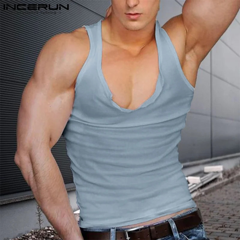 INCERUN Men Tank Tops Solid Color V Neck Sleeveless Streetwear Fitness Summer Vests Breathable Casual Clothing S5XL 240430