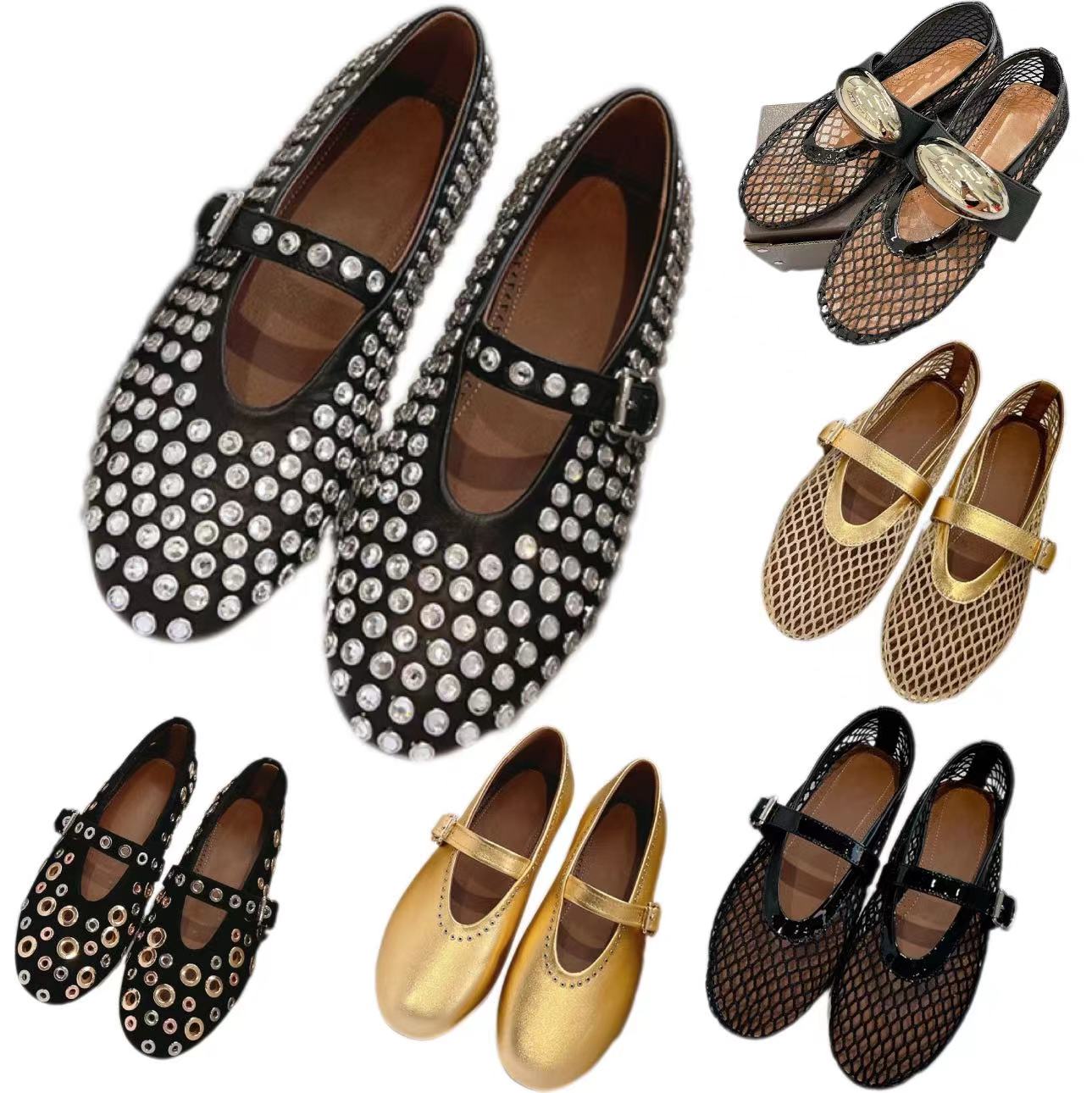 Designer Shoes mary jane ballet flat designer sandals women shoes leather black rhinestone stud embellished buckle slippers apricot luxury brand-image-975205343