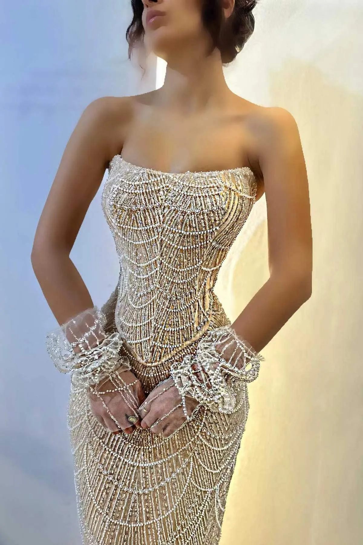 2024 Luxury Arabic Prom Pageant Dress Off the Shoulder Long Sleeves Pearls Beads Sequin Evening Formal Birthday Gowns BC18823 0511