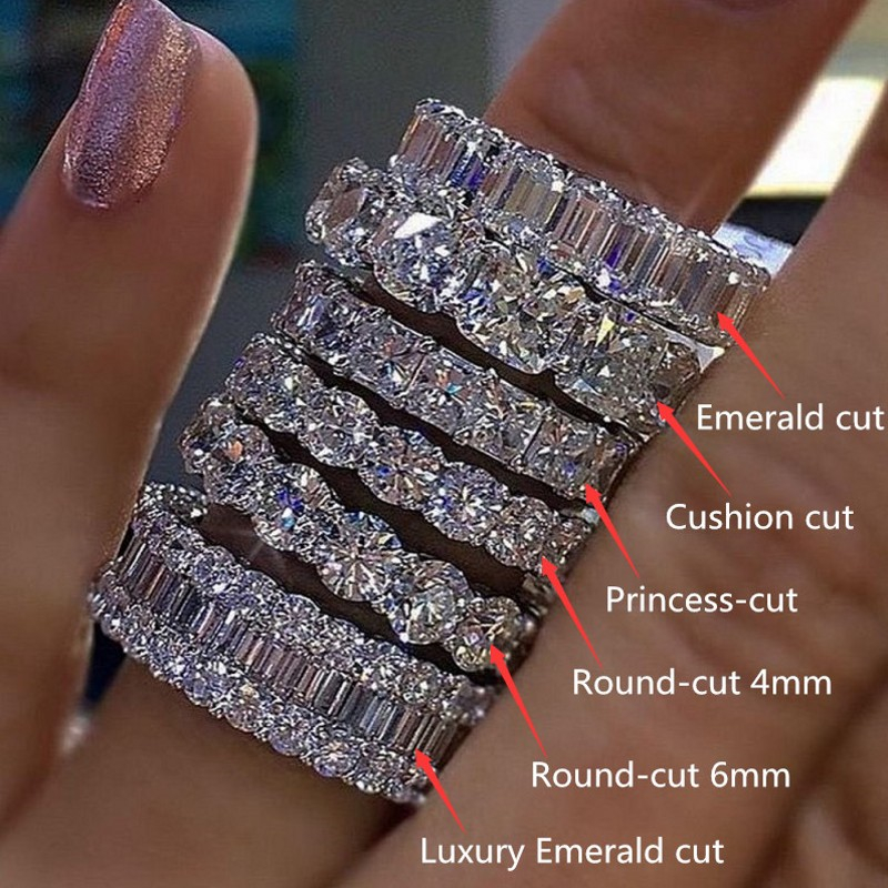 Eternity 925 Sterling Silver Engagement Bands de bandes de mariage pour femmes Bridal Princess Cut Diamond Promise Party Bijoux Gift en gros