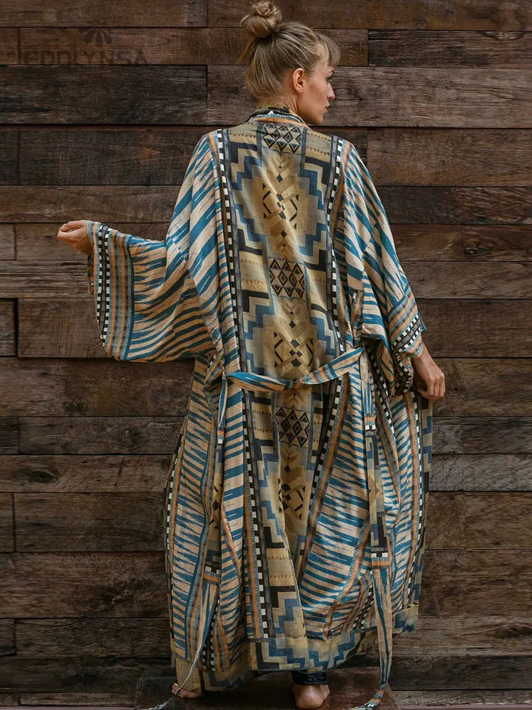 Bohemian Printed Bikini Coverups Elegant Self Belted Kimono Dress Tunic Women Plus Size Beach Wear Swim Suit Cover Up Q1228 240506
