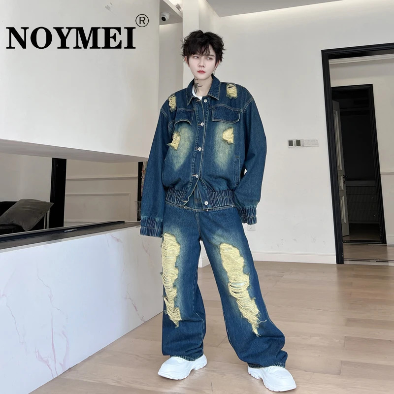 NOYMEI Autumn Elastic Denim Jacket Straight Wide Leg Jean Mens Loose Two Pieces Set Fashionable American Y2k Hole WA3493 240428