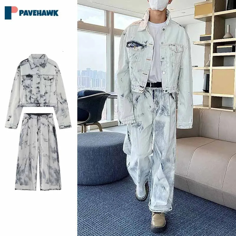 Retro Wash Tie Dye Denim Set Men High Street Casual Loose Jean Jackets Wide Leg Jeans Male Spring 2pcs Sets Hip Hop Fashion Suit 240428