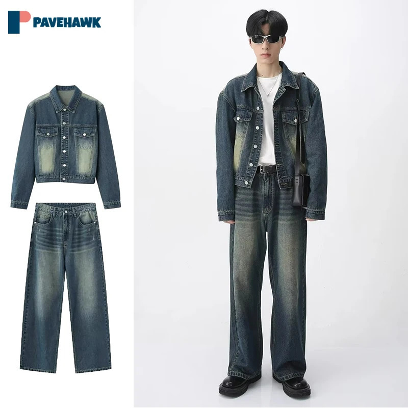 Spring Autumn Blue Denim Set Men Women Hop Hip Fashion Varsity Wash Cowboy Jacketsjeans Suit High Street Unisex Two Piece 240428