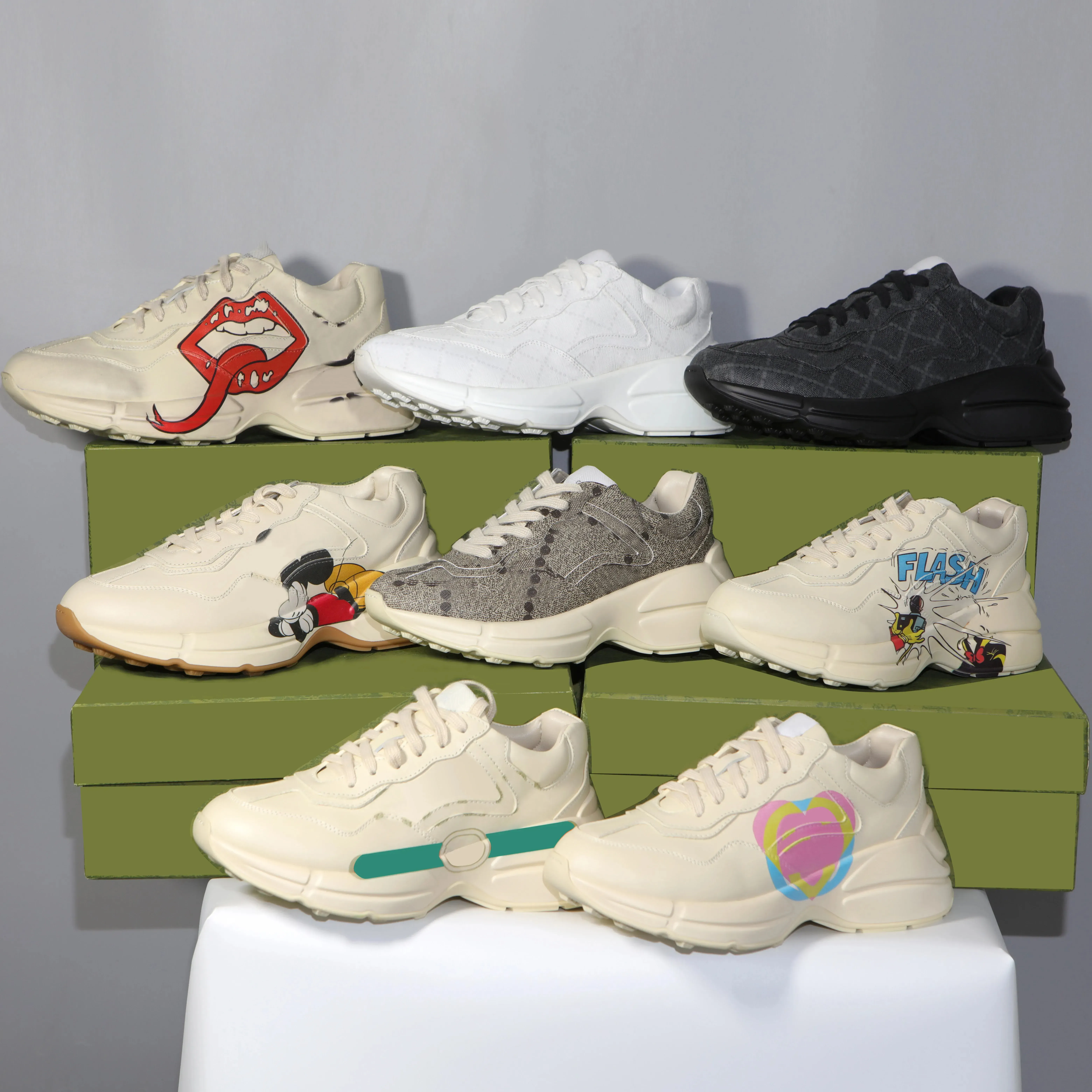 Designer Rhyton Casual Shoes Women Mens Sneakers Old Dad Trainers Vintage Genuine Leather Chaussures Shoe Increase Platform Leisure Sneaker 36-45-image-975706811