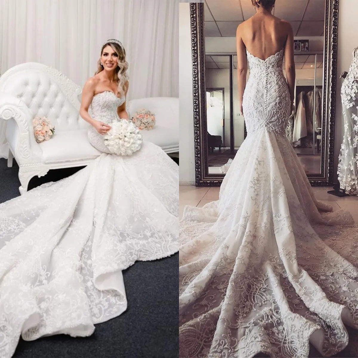 2024 Robes de mariée sirène bohème glamour appliques en dentelle sans bretelles