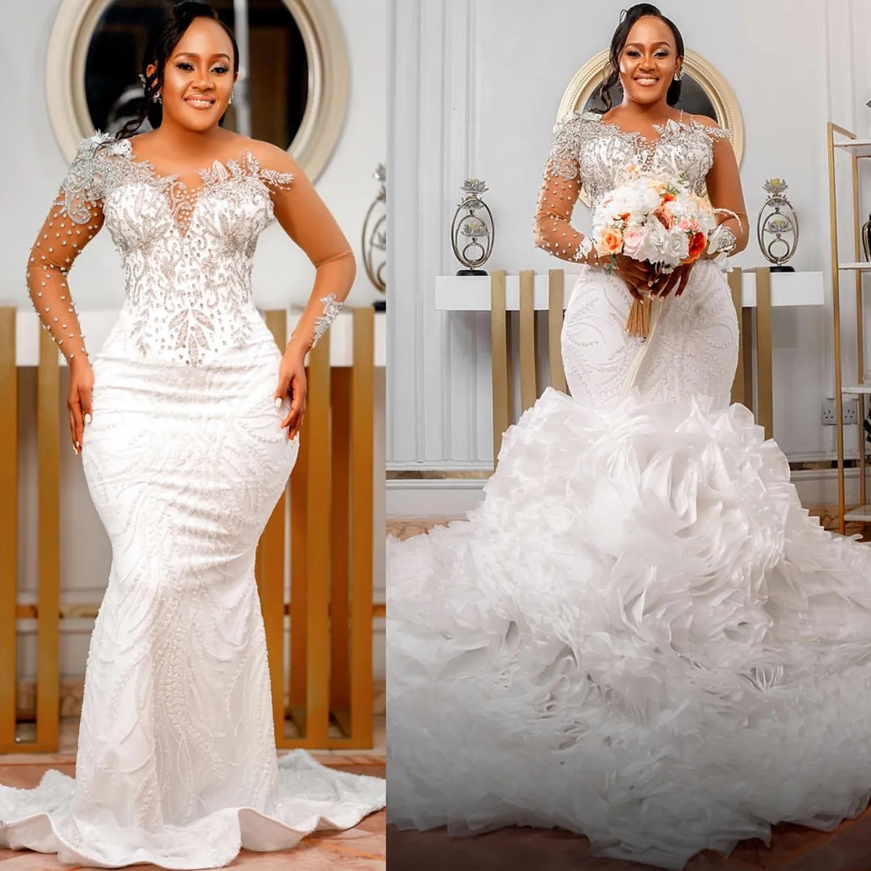 2024 Arabe Aso Ebi Plus taille Ivory Luxurious Sirène Robes de mariée en dentelle Cristaux perlés Docuable Train Train Bouches de mariée Robe