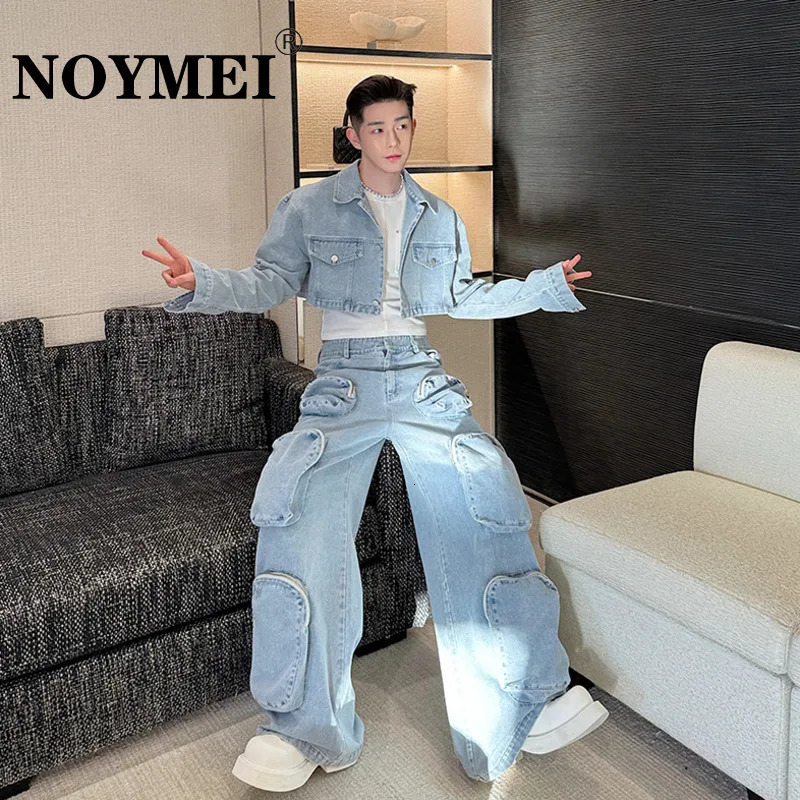 NOYMEI Solid Color Washed Denim Two Pieces Set Fashionable Spring Mens Short Jacket Multipocket Wide Leg Jean WA4089 240428