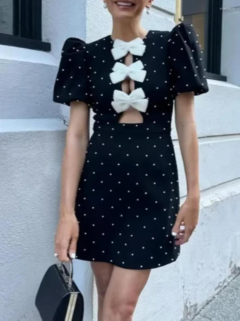 Party Dresses Bow Hollow Out Women&#039;s Black Dress Sexy Short Sleeve Mini Bandage O-neck 2024 Spring Elegant Shinny Robe-image-976375886