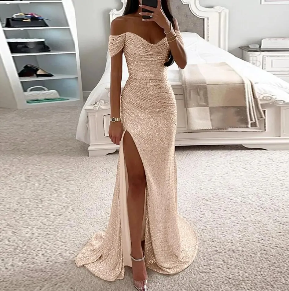 Elegant Off The Shoulder Sequins Mermaid Bridesmaid Dresses Ruched High Thigh Split Blingbling Wedding Guest Maid of Honor Dresses BC18214 0326