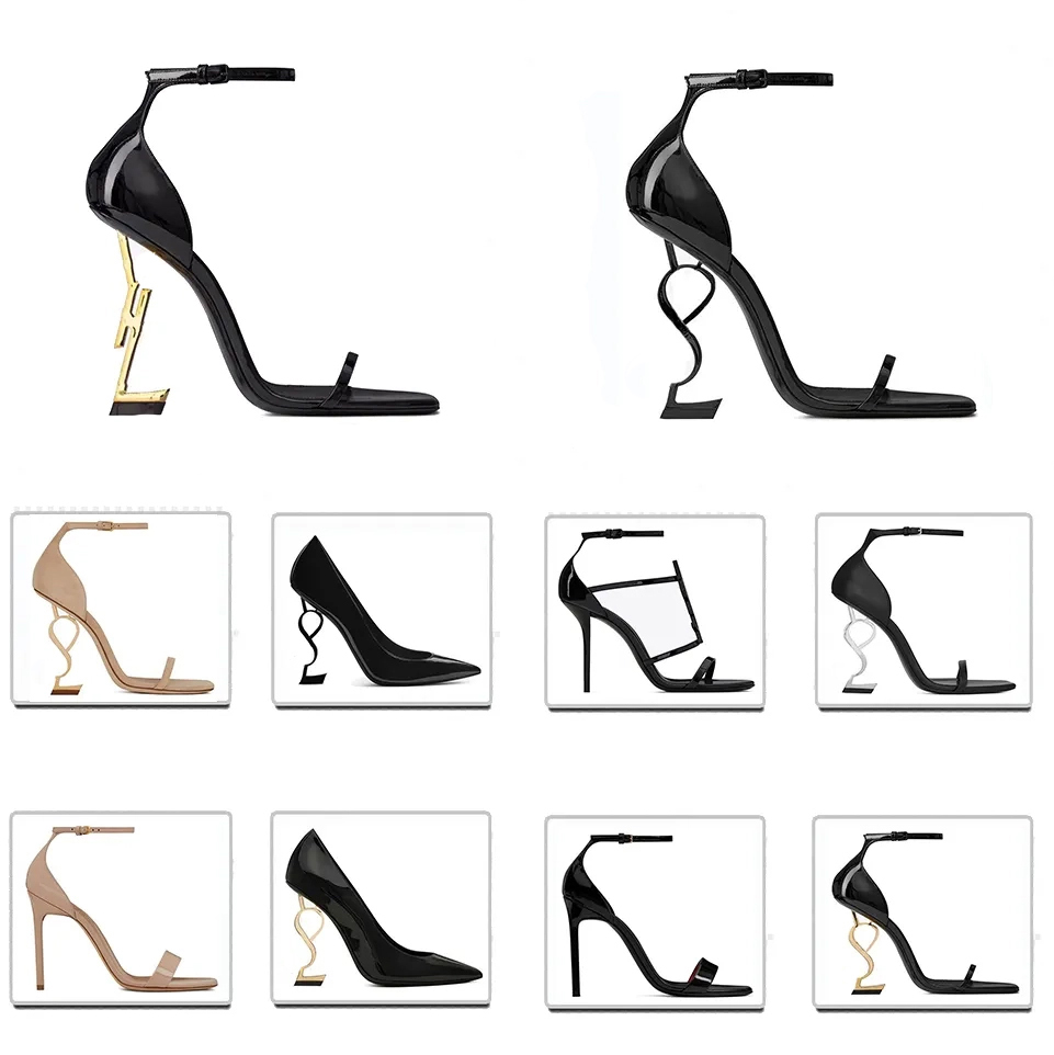 Top designer talons hauts Femmes Luxury Patent Leather Gol Tone Triple Nuede Nuede Red Womens Lady Fashion Sandales Party Bureau de mariage Talon